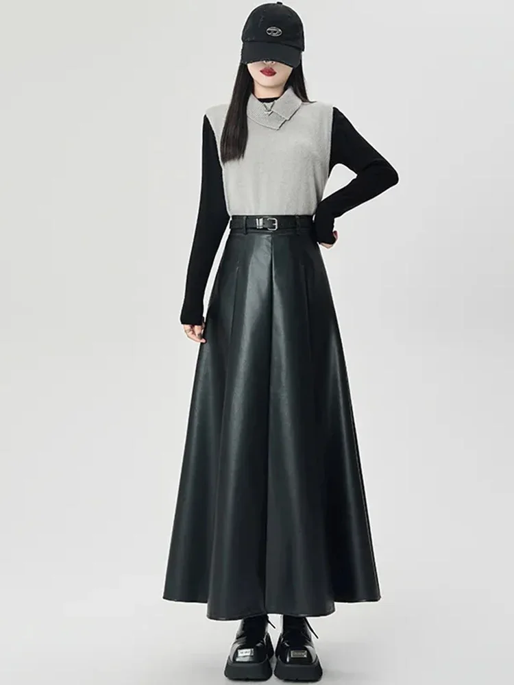 Jupes mi-longues Vintage en cuir PU pour femmes, Y2K, taille haute, Streetwear avec ceinture plissée, élégantes, couleur unie, jupes trapèze, automne