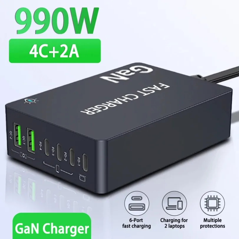 

#GaN Fast Charging Desktop 6 Port Tablet USB PD QC3.0 Chargers Station For Smartphone Pad Laptop For Home Office Quick Chargers