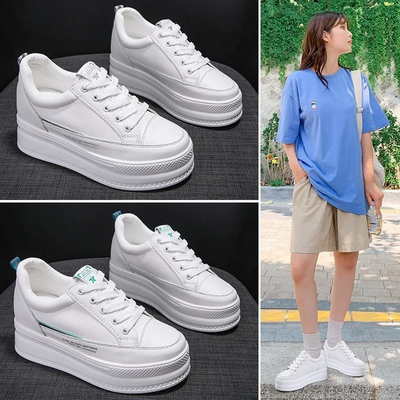 

Women's Genuine Leather White Sneakers - Inner Elevated Thick Sole, Versatile Casual Footwear for Travel & Sports