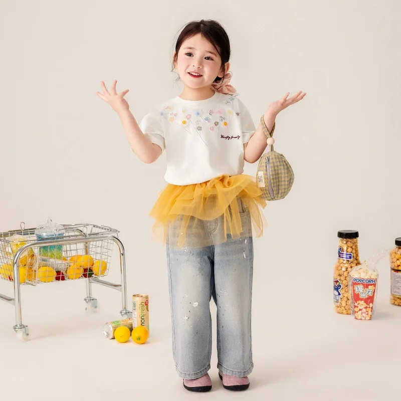 Girls 2026 Summer Round Neck Colorful Embroidered Small Flower Short Sleeve Childrens Ice Cotton Breathable Versatile T Shirt