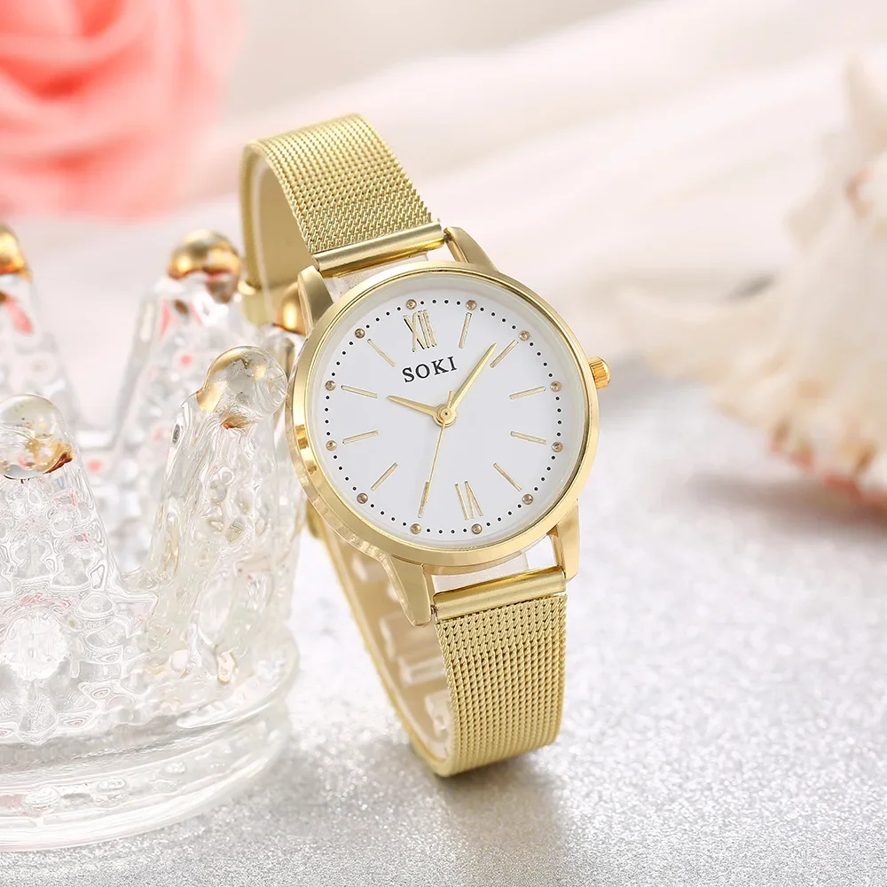 Reloj de cuarzo informal de lujo para Mujer, relojes de pulsera de acero inoxidable con malla metálica, dorado