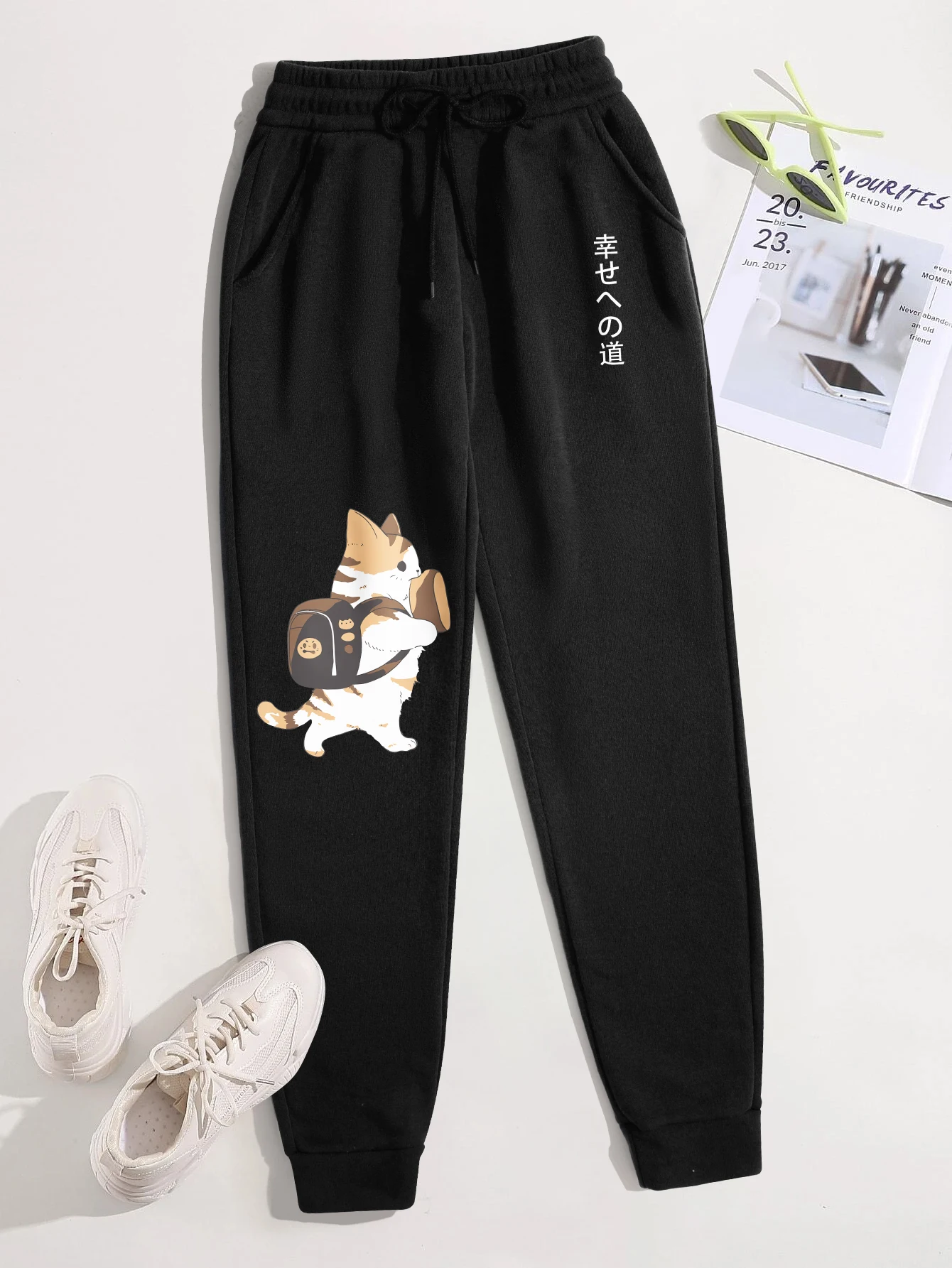 Kawaii Cat Cartoon Pattern Printing Men'S Casual Basic Hip Hop Pants Versatile Pocket Fashion Trousers Trendy Street Pant Male