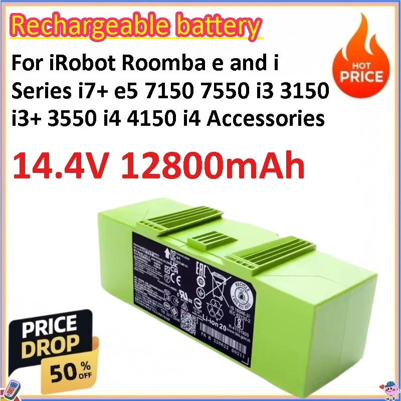 14.4V 12800mAh I7 Battery Replacement for IRobot Roomba E and I Series I7+ E5 7150 7550 I3 3150 I3+ 3550 I4 4150 I4 Accessories