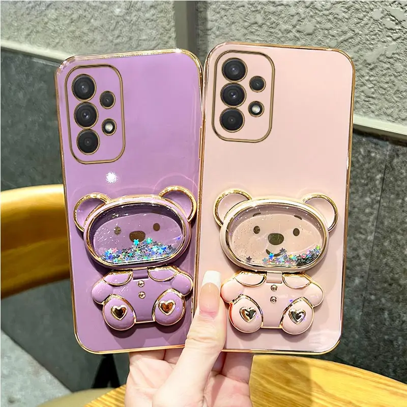 Funda con soporte para teléfono con oso y espejo de arena movediza para Samsung Galaxy A32 4G 5G A10 A21S A20S A10 A12 A13 A14 A750 A23 A03