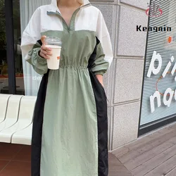 Women's Loose plus Size Patchwork Dress Autumn Elastic Waist Tunic Casual Color Vestidos Female Robe Simple KE3684