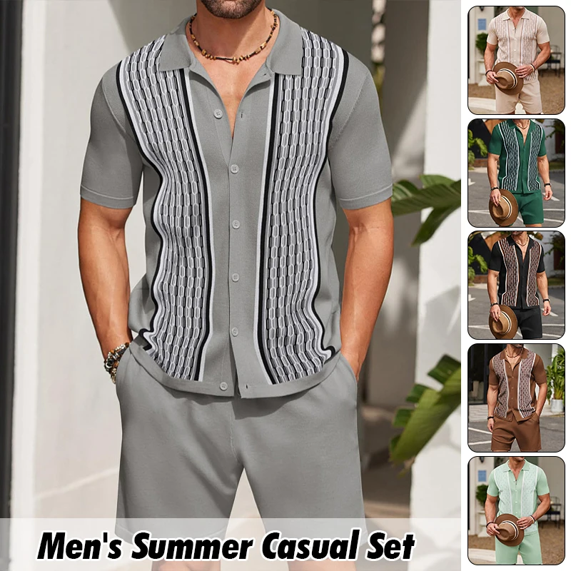 Men's Outfit Vintage Short Ice Cool Silk Jacquard Two Piece Knitted Shirt Set Summer Daily Casual Short Sleeve Shirt and Shorts