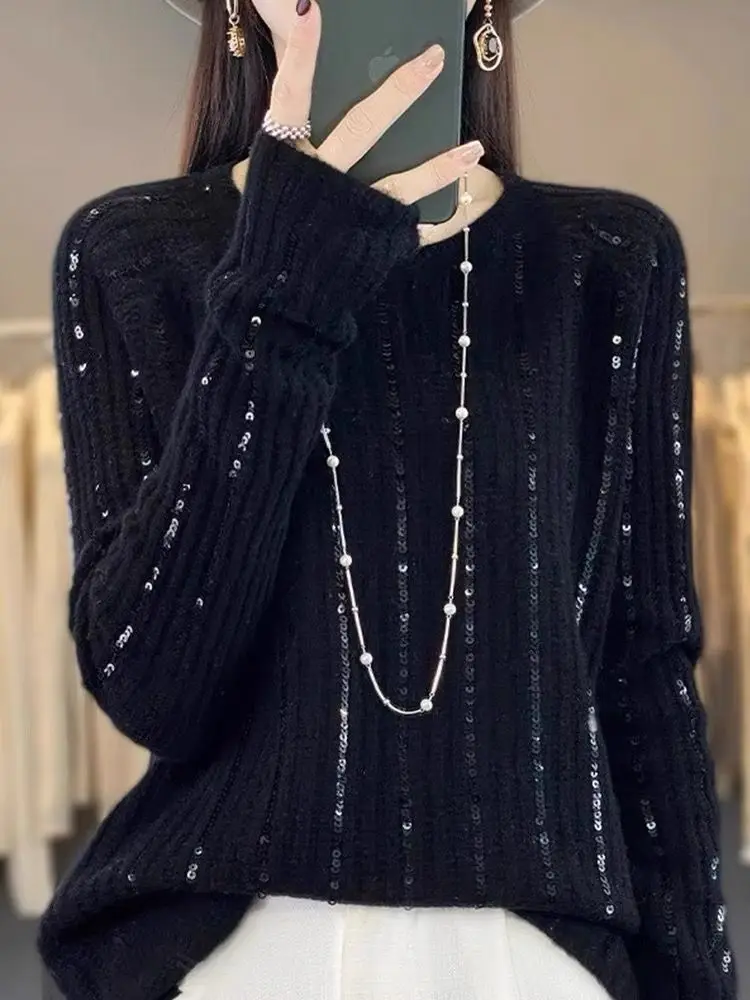 Loose And Versatile Fashionable Sequined Knitted Sweater For Women In Spring And Autumn, Thin Cut Hollow Round Neck Pullover Top