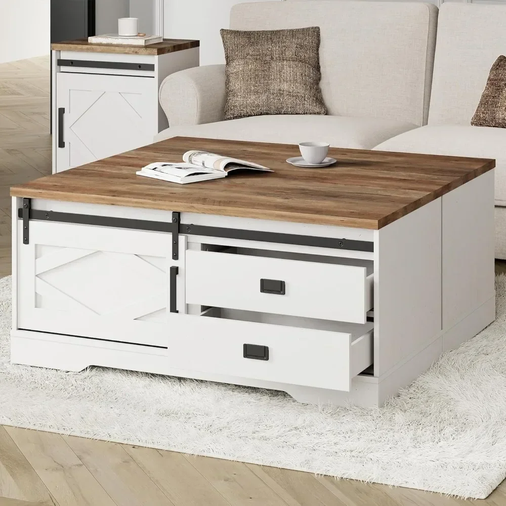 Rectangular Coffee Table with Sliding Barn Door,Rustic 2 in 1 Center Table with Hidden Storage Compartment and Drawers