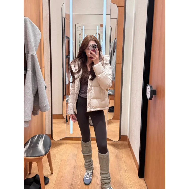 سترة نسائية قصيرة منتفخة، معطف شتوي بغطاء للرأس بخمسة شبكات دافئة، DuPont 3-Proof Traceable Samsung 90 Bread Style #3