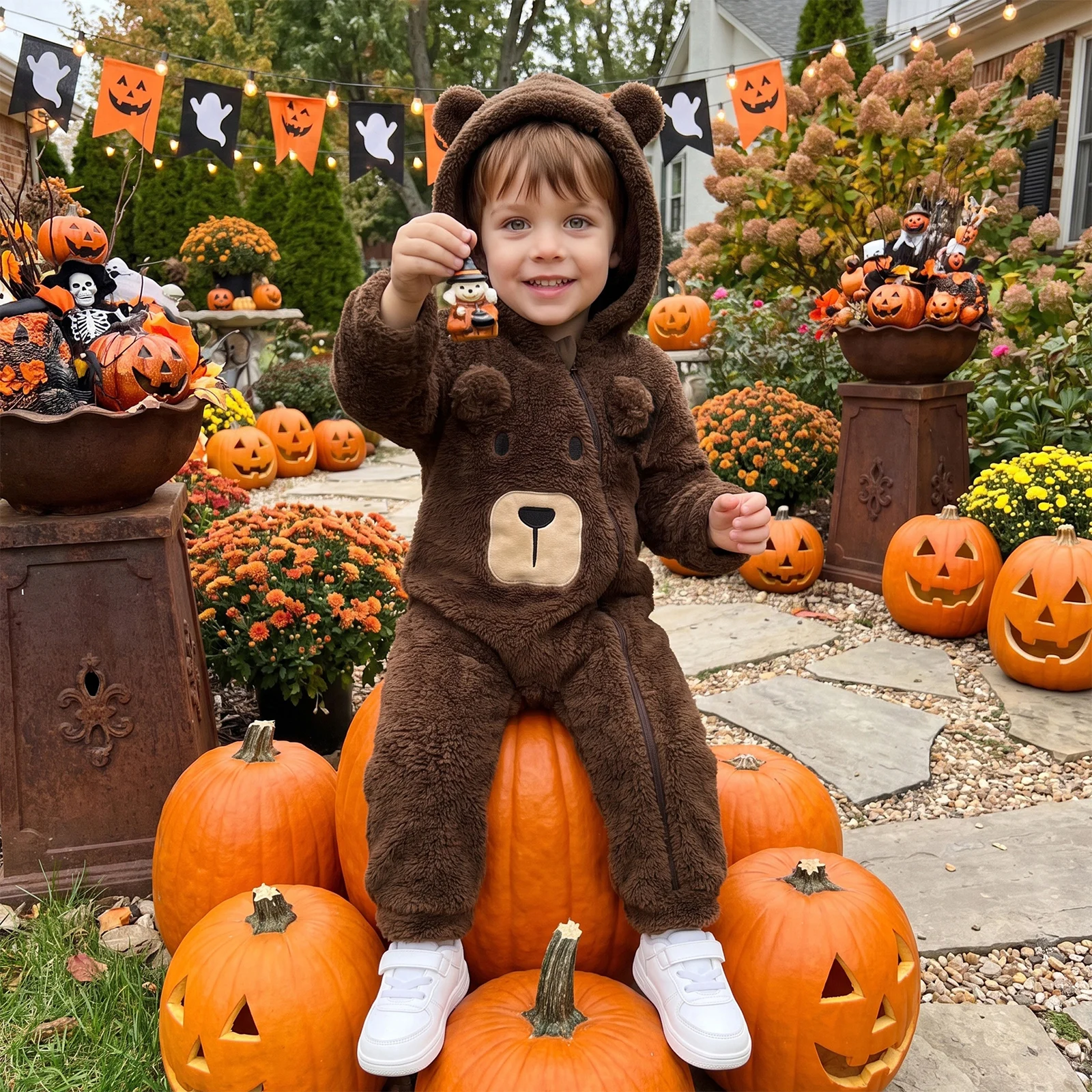 Winter Toddler Baby Brown Plush Hooded Long-Sleeve Warm Jumpsuit Bear Costume Infant Infant Front Zipper Hood Snowsuit Rompers