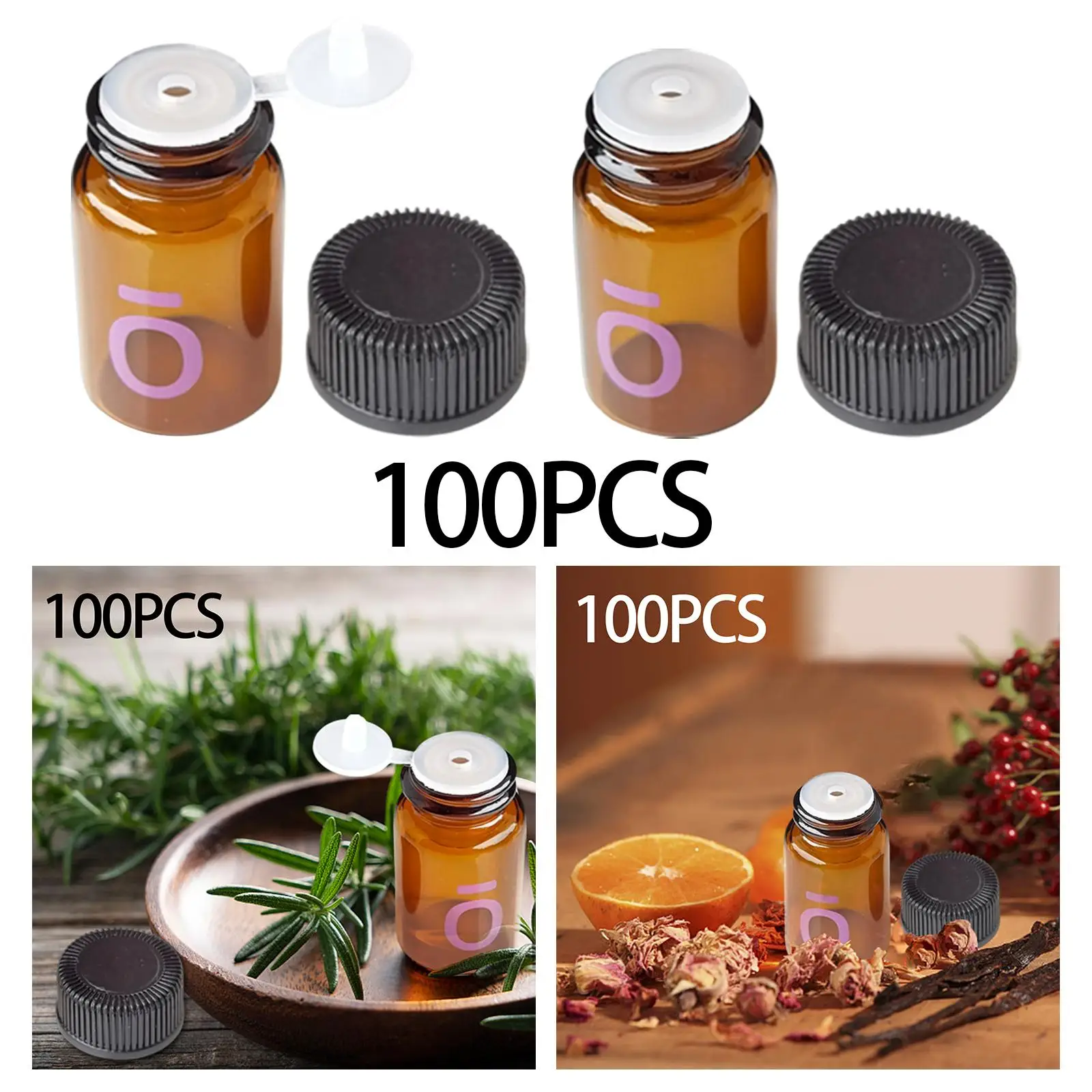 100Pcs Essential Oil Bottles Container Reusable Mini with Cap Amber Color Glass Vials