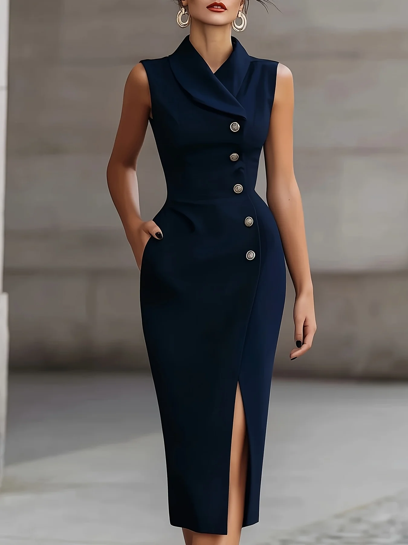 Women'S Sleeveless Blazer Midi Dress, Asymmetric Collar Bodycon with Golden Buttons And Slit for Work Office Navy Blue Sleeveless Blazer Midi Dress for Women, Asymmetric Collar Bodycon with Golden Buttons And Slit for Work Office Business Casual