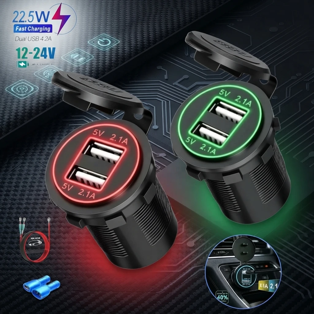 NEUES 4,2A Dual-USB-Autoladegerät mit LED-Anzeige, 12V-24V Universal-Zigarettenanzünder-Stecker für Auto, Motorrad, LKW, Wohnmobil, Boot