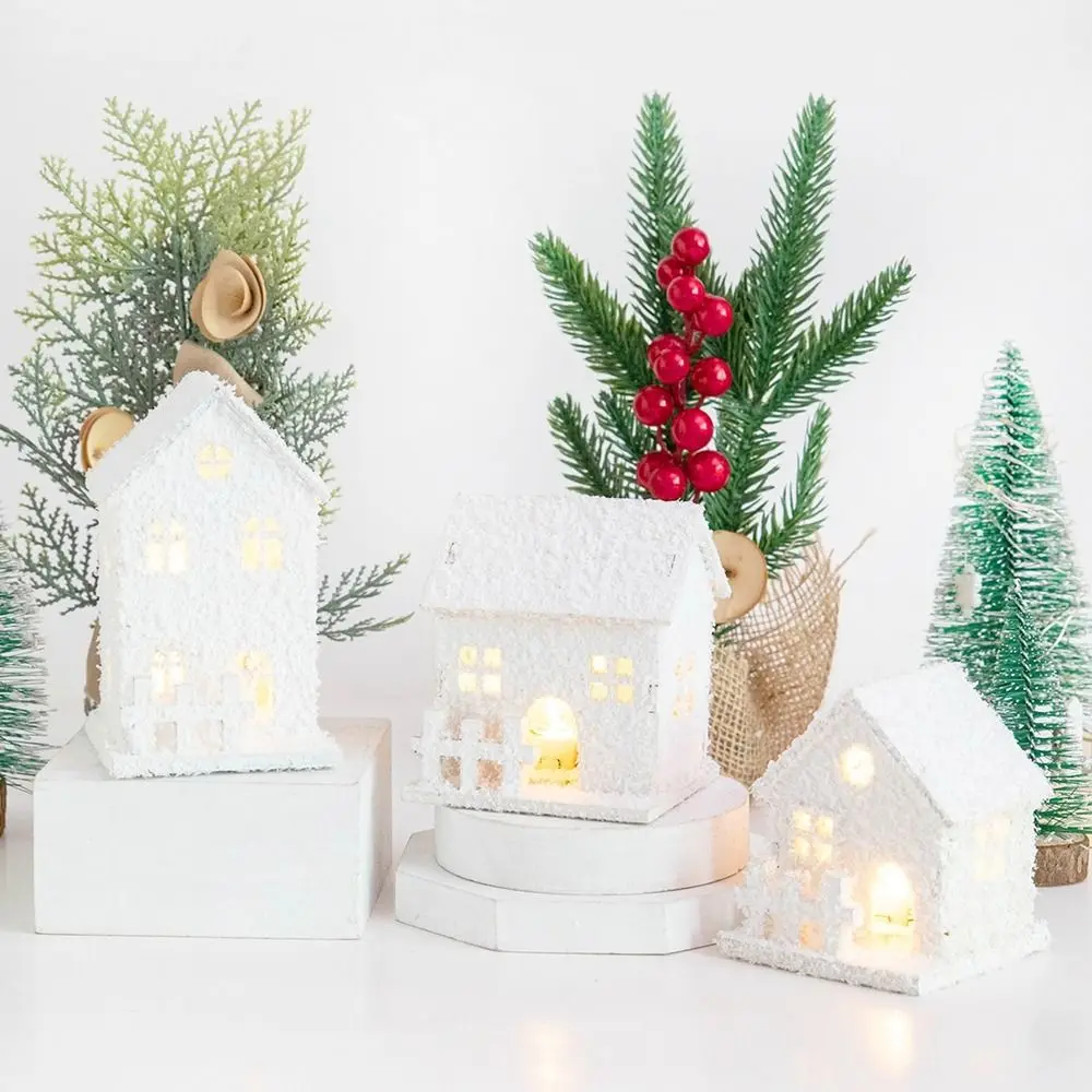 Snow Cabin Mini Christmas LED Light Wooden House Luminous with Snowflake Glowing Castle White Christmas Tree