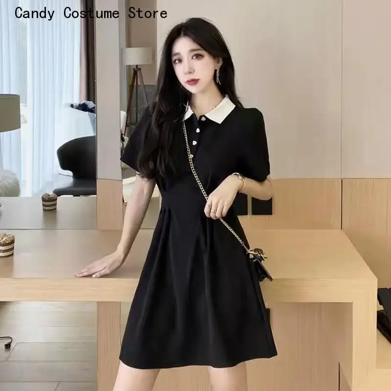 

Summer Retro Short Sleeve Dress Women Ins Empire Simple Black Basic Trendy Preppy Girls Clothing Leisure A-line Mujer Vestido