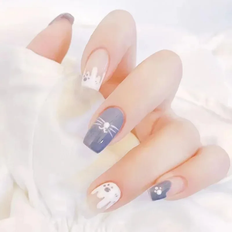 24PCS Fresh and Sweet Style Fake Nails Full Acrylic Press on Nails Art Tip White Green Splicing Short Style Removable false nail