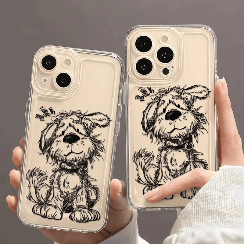 

Милый чехол для телефона с плюшевым щенком и эскизами для iPhone 16, 15, 14, 13, 12, 11 PROMAX XS XR 7, 8 Plus, прозрачный чехол в стиле минимализм