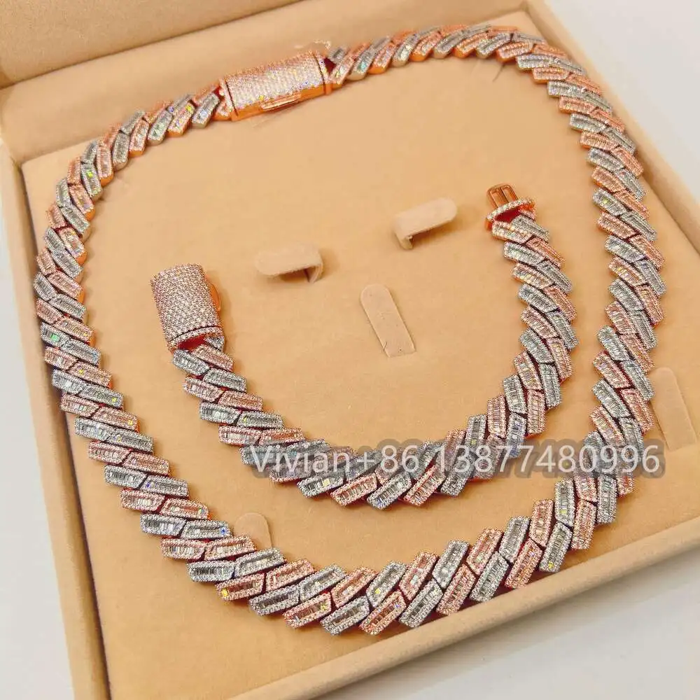 Rose Gold and White Gold Color Silver 925 Baguette Diamond Miami Cuban Link Chain Iced Vvs Moissanite Men Necklace