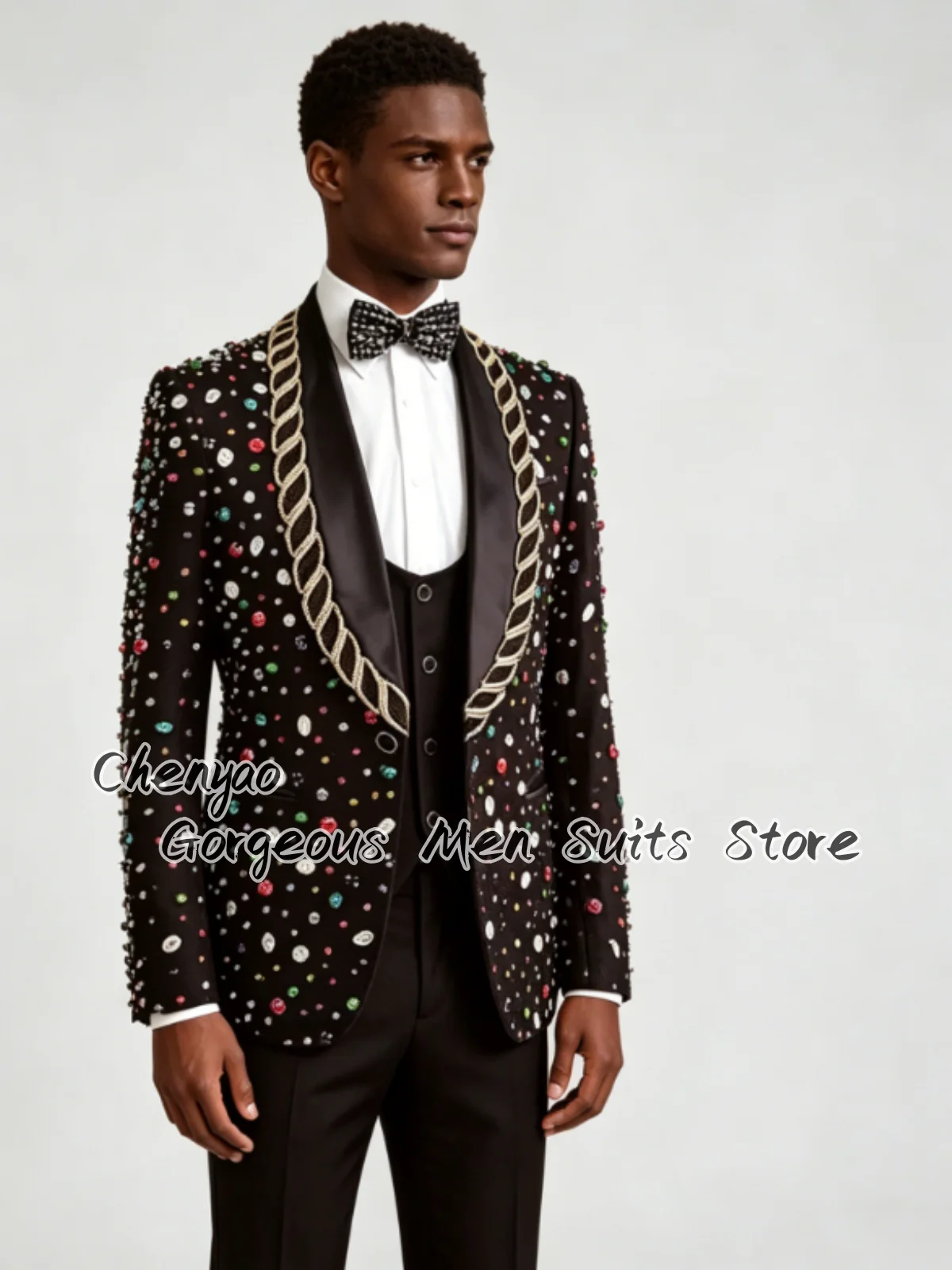 Sparkly Rhinestone Beaded Embellished Men Suits Customized Slim Groom Tuxedos Wedding Party Male Blazers 3Picec Sets ropa hombre