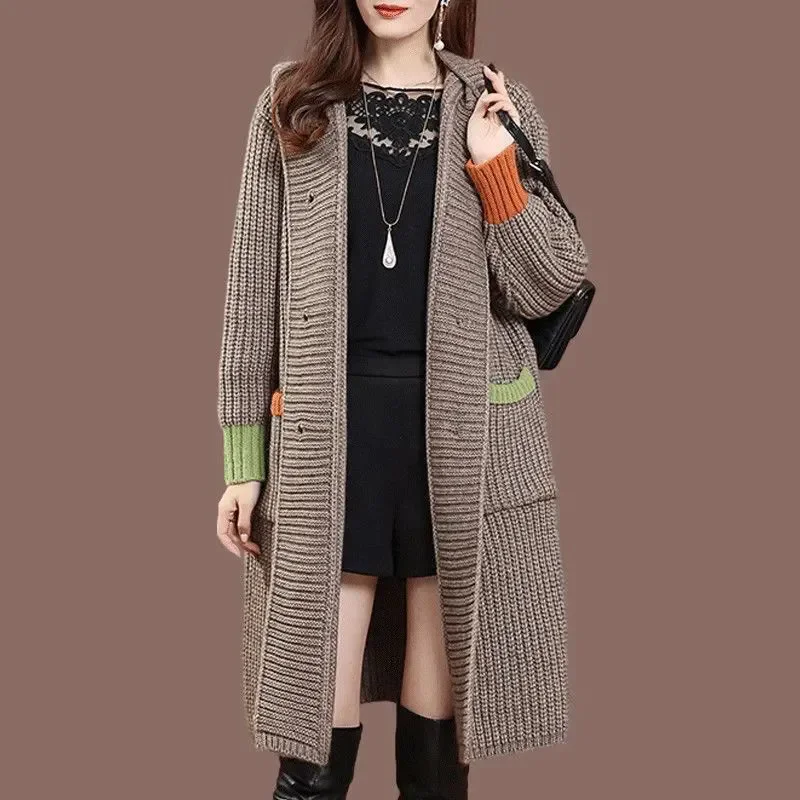 Wiosna 2026 Nowa Koreańska Moda Damski Długi Kardigan Dzianinowy Luźny Gruby Sweter Casual Vintage z Kapturem Odzież Dzianinowa B1350