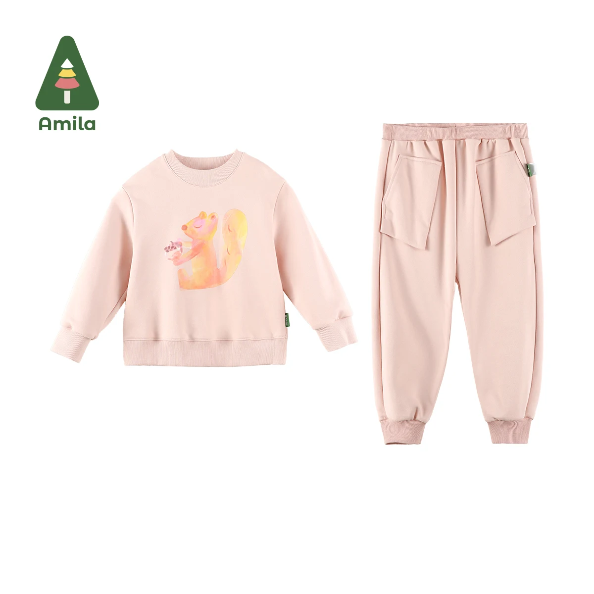 Amila Childrens Pants Suit 2024 Autumn New Girls High-Quality Sweatshirt Pants Solid Color Skin-Friendly Comfortable Loose Suit