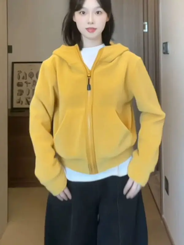 Moletom com capuz amarelo feminino solto zíper casual top outono inverno coreano sle preguiçoso faion streetwear agasalhos suores confortáveis...