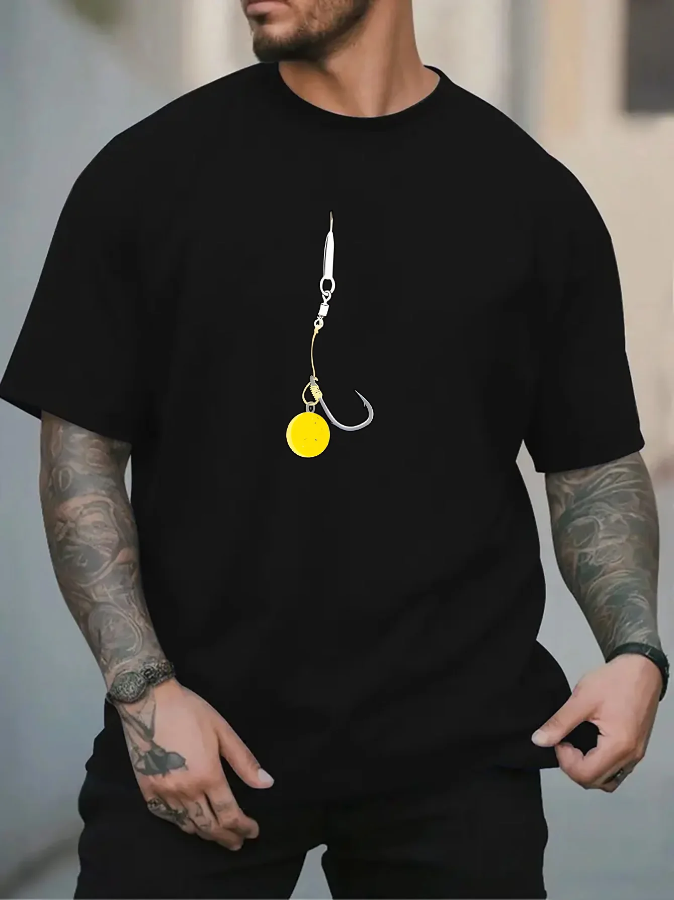 Male Black Round Neck T Shirt Small Metal Fish Hook Spinner Lure Graphic Minimalist Freshwater Saltwater Angling Light Cotton Ts