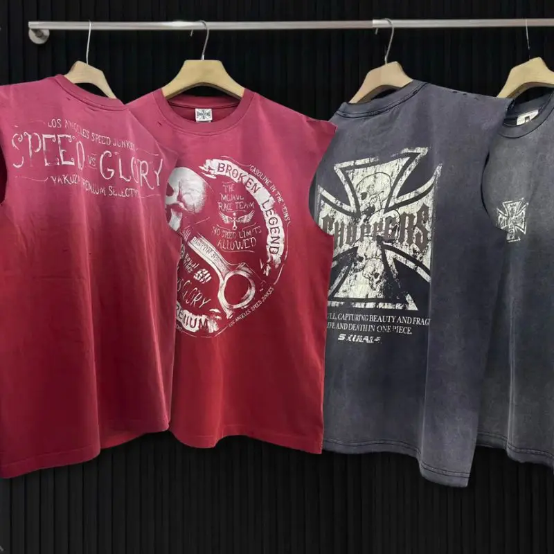 Hiphop Street Summer Red Washed Vintage West Coast Choppers Vest Skeleton Graffiti Men Women Waistcoat Tshirt Loose Tank Tops