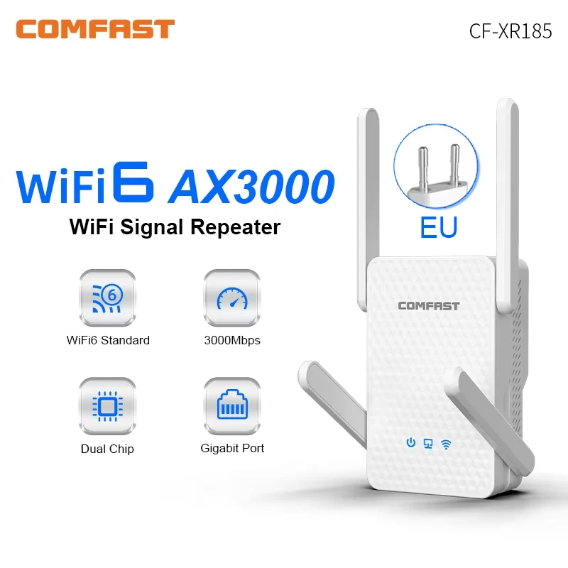 

Comfast Wifi 6 Repeater AX3000 WIFI Extendes 2G&5GHz Repetidor De Sinal 4 Antena Long Distance Signal Expansion Amplifer EU Plug