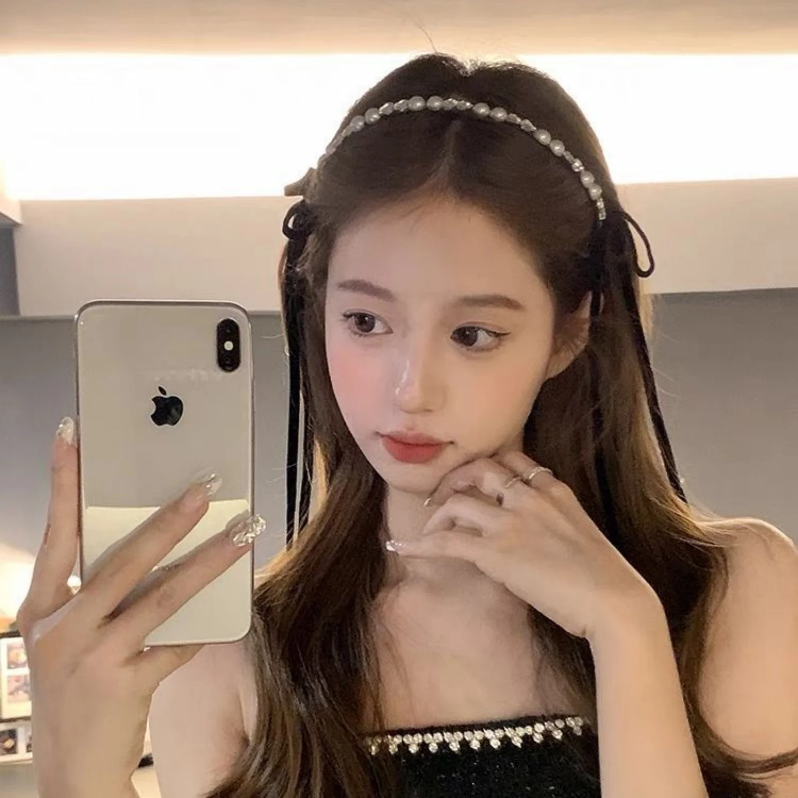 قطعة واحدة من عصابة رأس على شكل فيونكة لؤلؤية للنساء، نمط الخريف والشتاء، شريط ربط الشعر، إكسسوار للشعر من الحرير الفرنسي