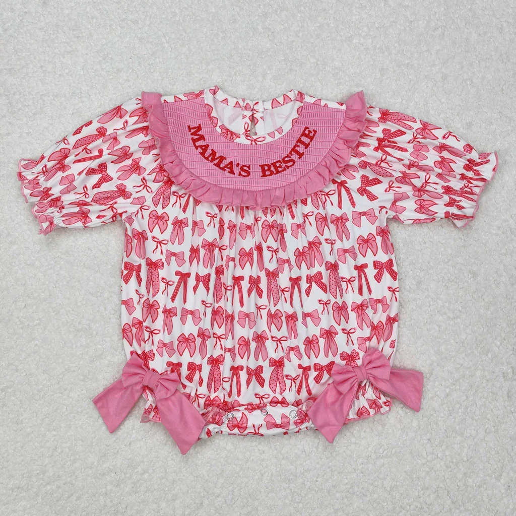 

Wholesale Baby Girl Spring Ruffle Rompers Newborn Kids pink Bows Smocking One-piece Bubble Romper christmas clothes