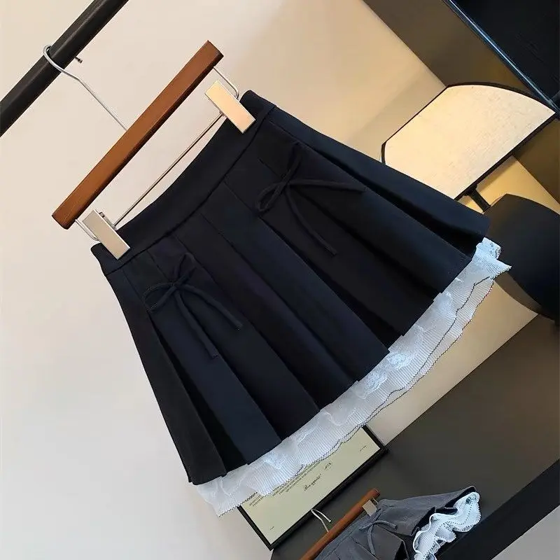 Sweet Ruffles Black Mini Skirt for Girls Korean Patchwork Pleated High Waist A-Line Lace Skirt Japanese Kawaii Style