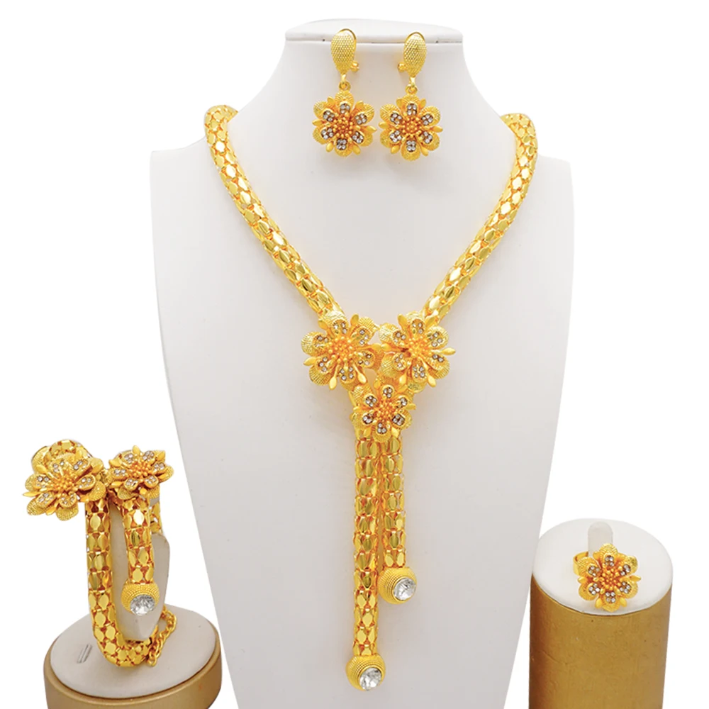 Fine Dubai Gold Color Jewelry Sets For Women African India Party Wedding Necklace Bracelet Earrings Ring Jewellery Gifts