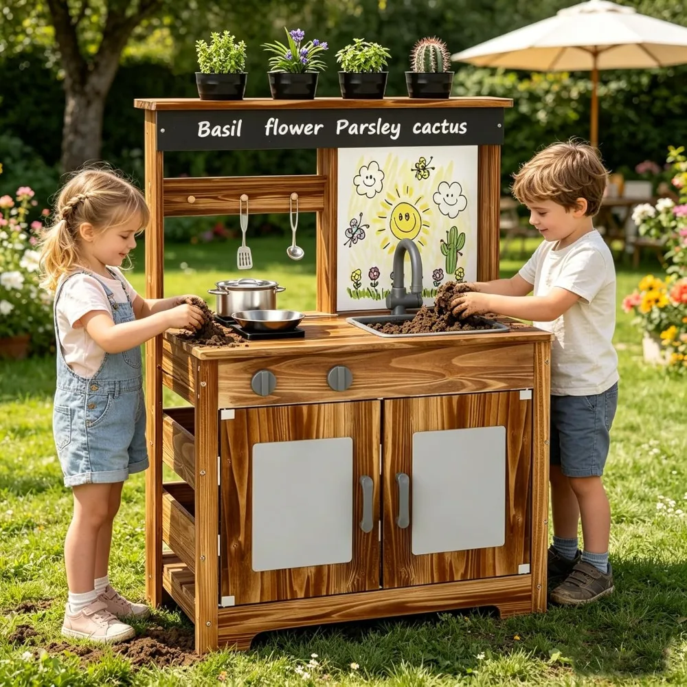 

US Shipping Mud Kitchen for Kids Outdoor Cedar Wood Play Kitchen with Removable Sink Acrylic Board 4 Planting Cups Garden