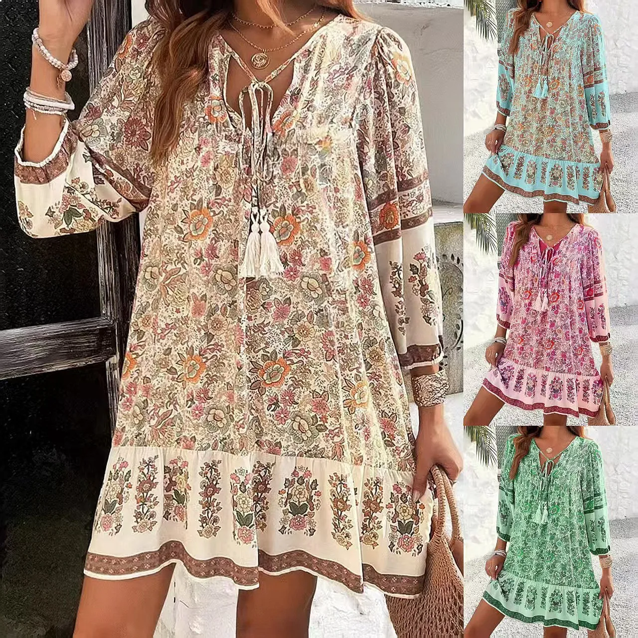 Bohemian Printed Dress V Neck Summer Spring Floral Maxi Dresses Women Vacation Boho Shirt Blouse Top