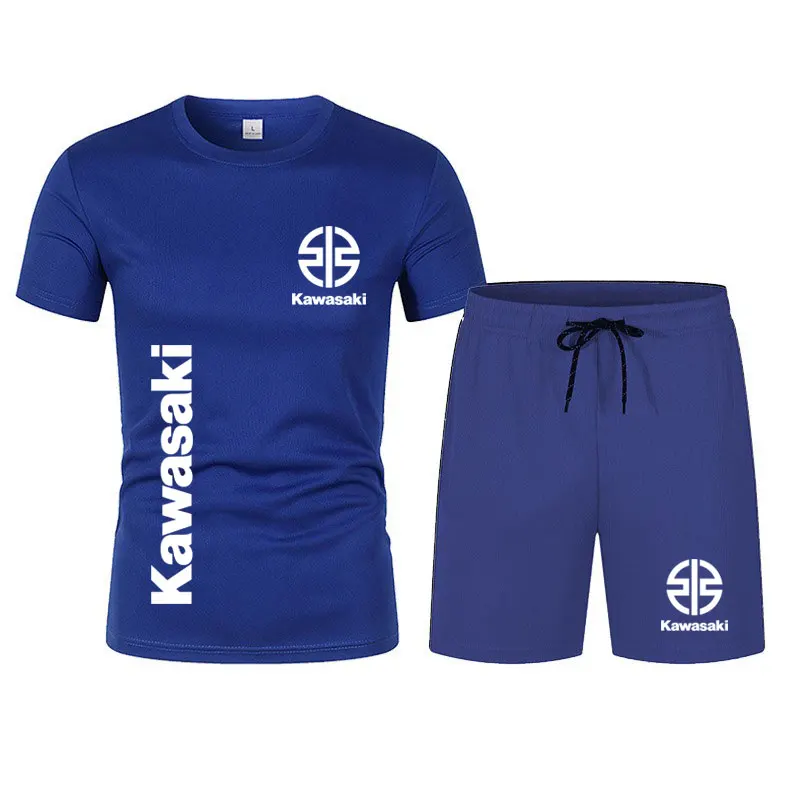 Kawasaki Motorcycle Racing Team Men's T-shirt Shorts Set Summer Fashion Men's Oversized Top and Bottom Set Sports Men's Suit