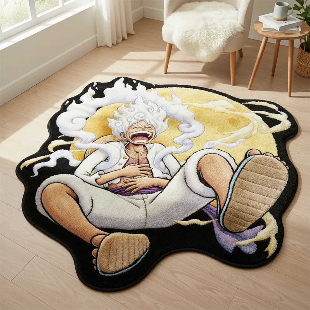 Alfombra de Anime One Piece Luffy Gear 5, Alfombra con Forma Kawaii, Decoración de Habitación para Otaku, Alfombra Suave Antideslizante para Dormitorio de Videojuegos
