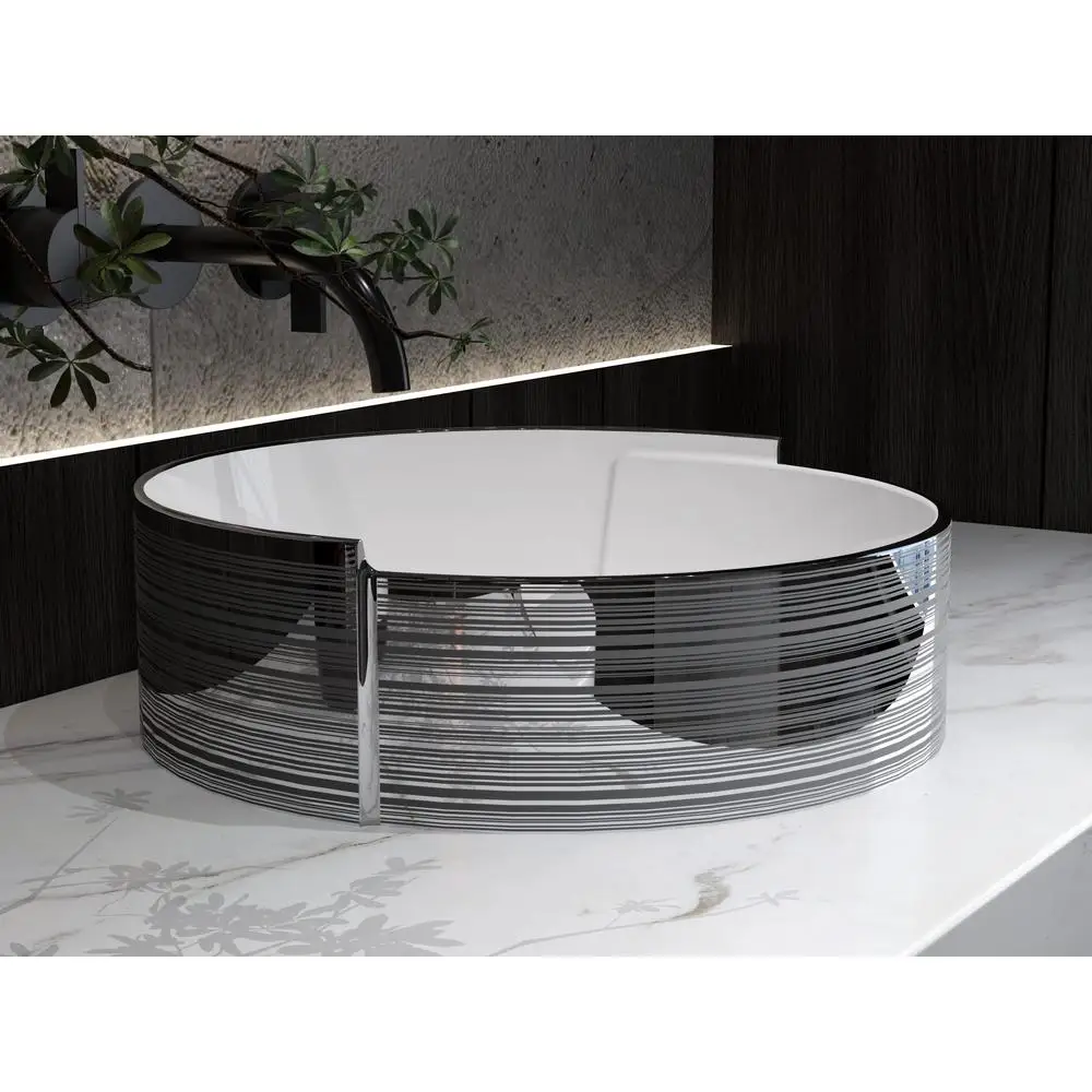 Elegant Silver Stripe Round Art Basin Above Counter Bathroom Vessel Sink with Pop Up Drain 16.75 Inch Silver Ceramic Countertop