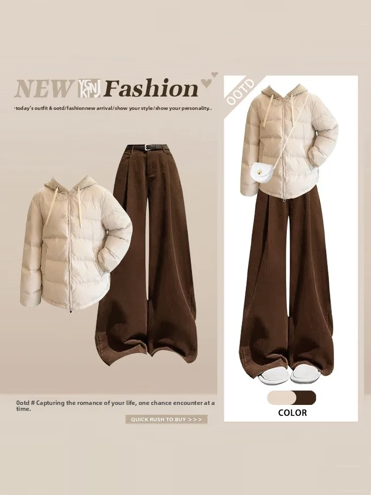 

Зимнее вязаное пальто с широкими штанинами, свободный утягивающий комплект из двух предметов с высокой талией, дизайн с поясом, длинный све, хлопок Jaet