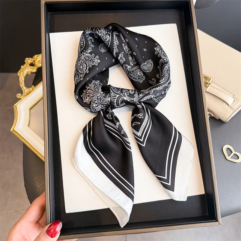 

Luxury Black Print Silk Scarf Women's Soft Satin Neckerchief Silk Square Kerchief Purse Scarf for Women Designer Silk Headscarf