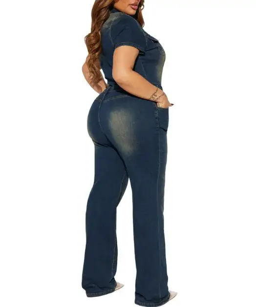 Style Hong Kong rétro Style classique revers bouton avant coupe ajustée à manches courtes combinaison femmes tempérament décontracté Denim combinaison