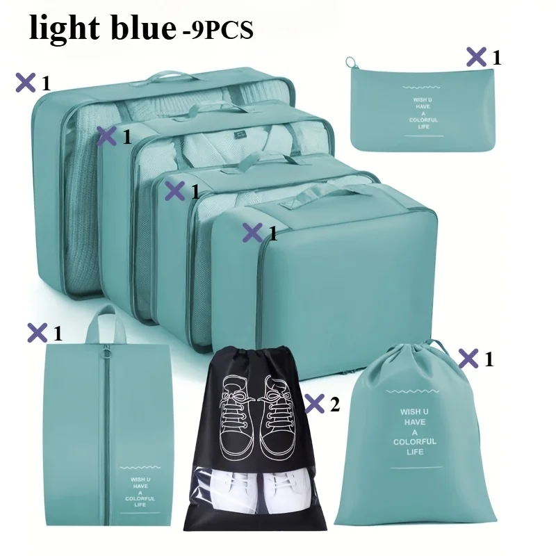 

Набор из 9 дорожных сумок для хранения, портативные органайзеры для одежды, обуви и нижнего белья, включая косметичку, экономия места