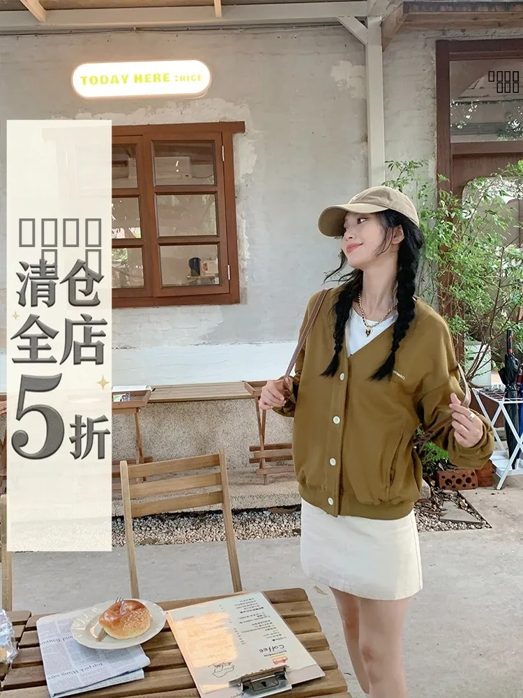 

Оливково-зеленый свитшот Yang Bubble с V-образным вырезом и длинными рукавами, женский приталенный кардиган в корейском стиле, хлопковая повседневная одежда