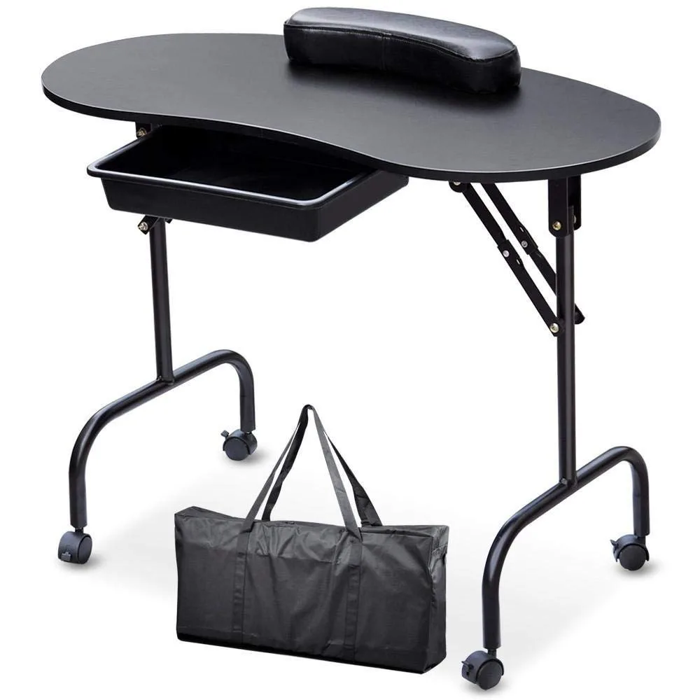 Manicure Nail Table Station - Foldable Nail Technician Desk Workstation Spa Client Wrist Pad/lockable Wheels 37-inch Black