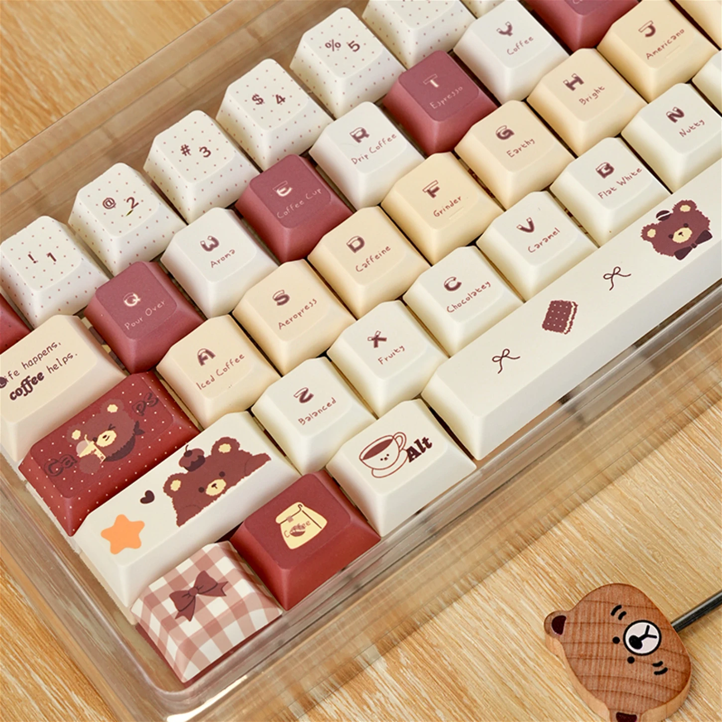 

Coffee Bear, Cute Cartoon Cherry Keycap PBT 129 Key, Customized for 60/84/98/108 Mechanical Keyboard