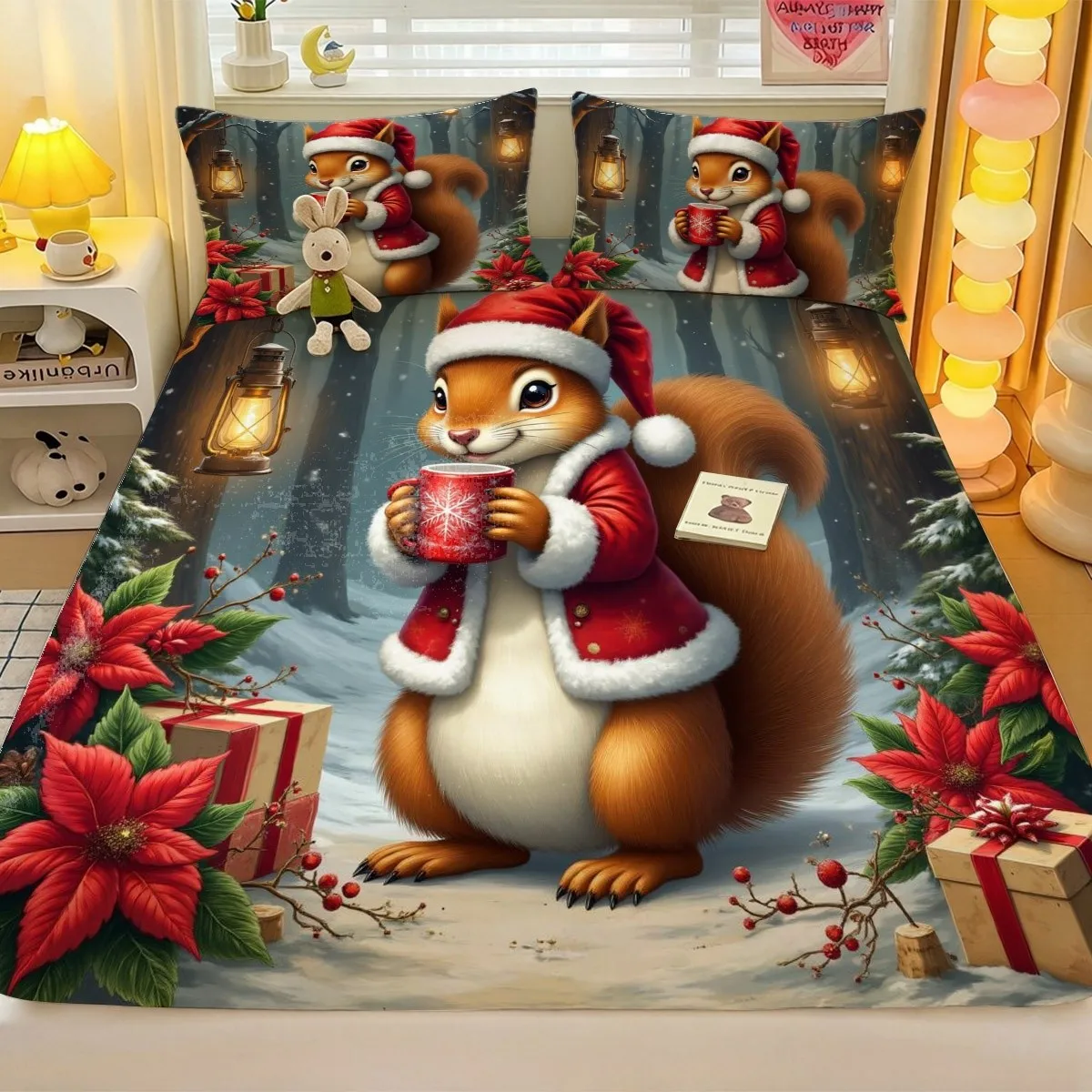 3-Piece Christmas Squirrel Print Bed Sheet Set, 1 Fitted Sheet and 2 Pillowcases, Mattress Protector, Available in Various Sizes, Perfect for Families and Couples as Holiday Gifts, Christmas Decorations, Mattress Cover, Comfortable Snow Forest Design