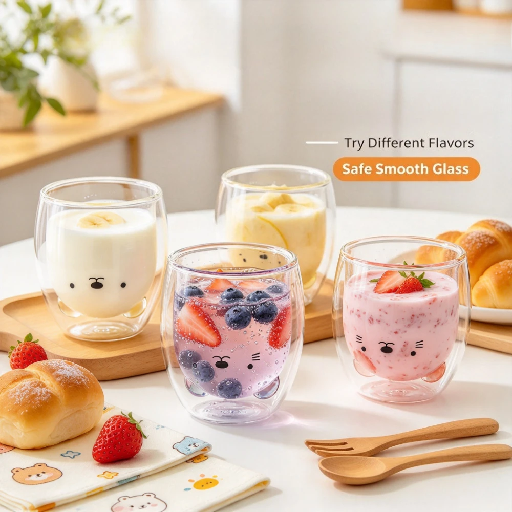 1pc Cute Cat Shaped Double Wall Glass Mug Handleless Insulated Coffee Tea Cup Kawaii Transparent Drinkware for Home Kitchen Office