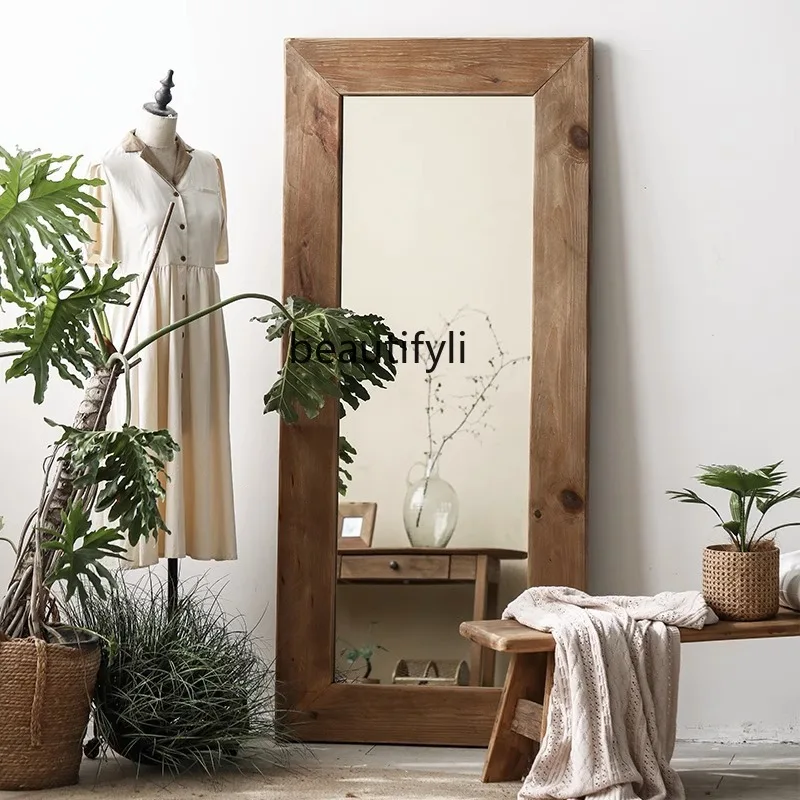 

Extra Large Retro Style Old Pine Wood Floor Mirror Solid Wood Wabi-Sabi Style Full-Length Dressing Mirror for Clothing Store