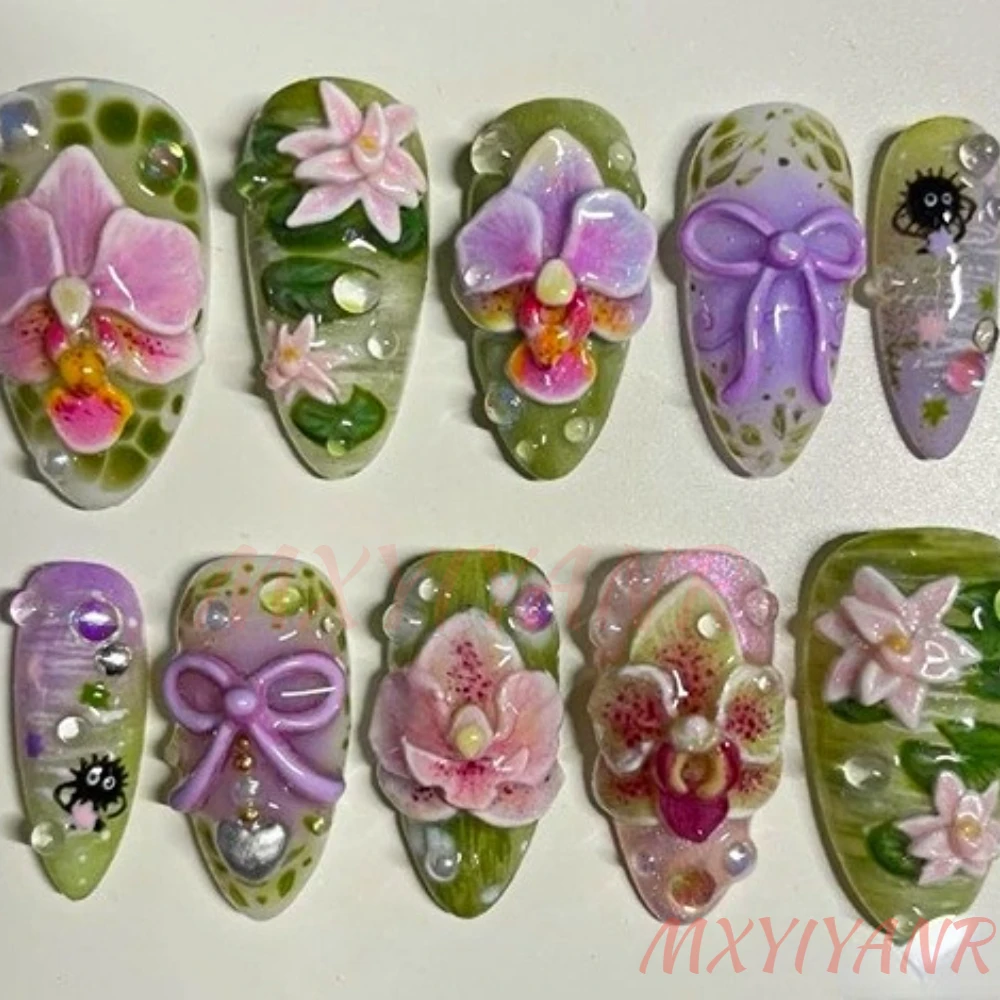 10Pcs Manicure Handmade Art Press on Nails Medium Almond & Coffin Pattern ABS Nails Cute 3D Style Design Nail with Set