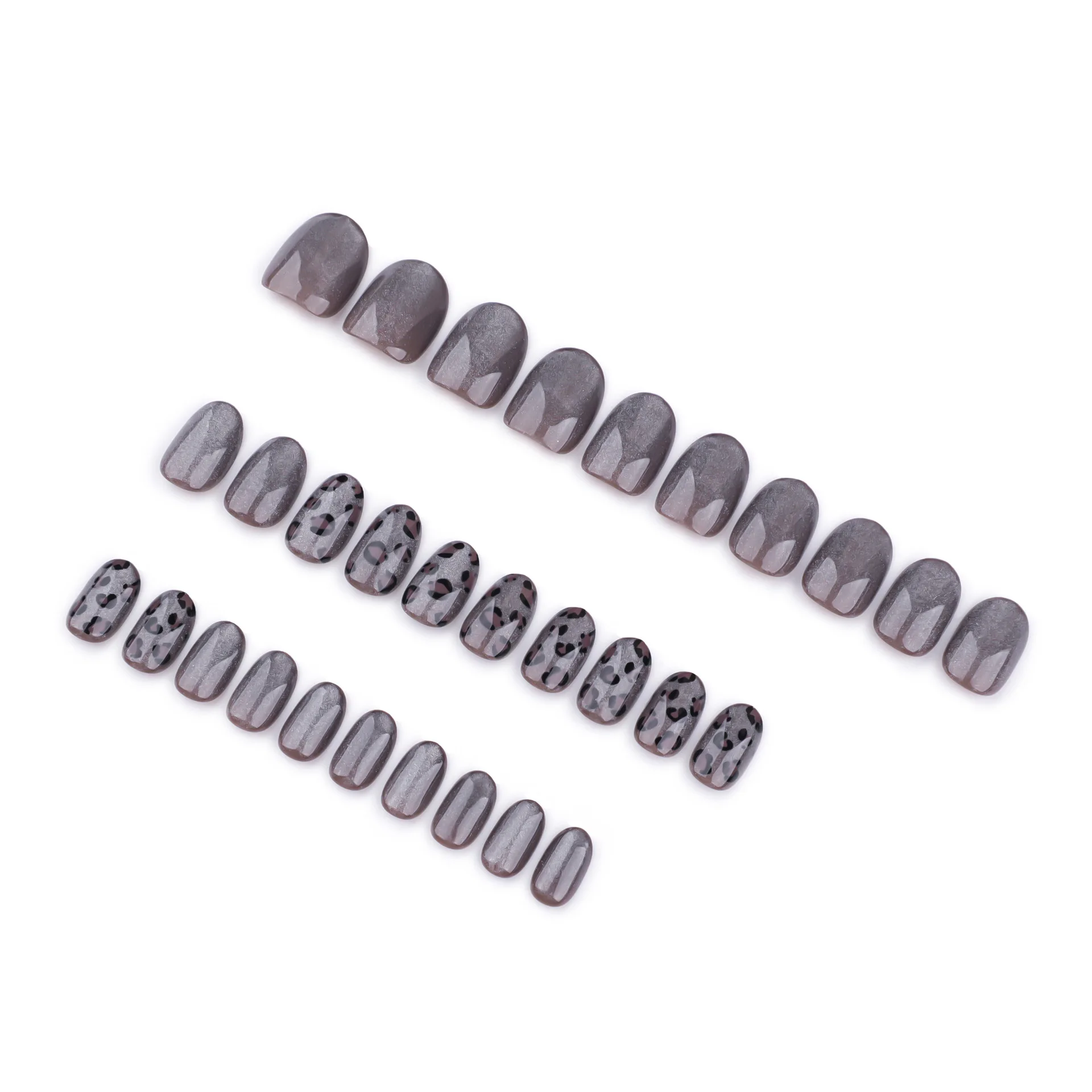 24 قطعة رمادي داكن ليوبارد طباعة عيون القط اضغط على مسمار قصيرة القطع الناقص الاصطناعي الأظافر وهمية سلس للإزالة أظافر صناعية